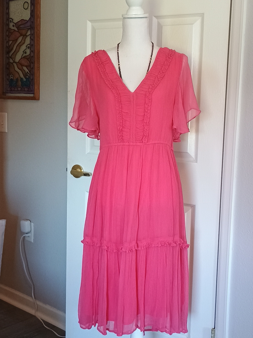 Sundance Hot Pink Ruffle V-Neck Midi Dress